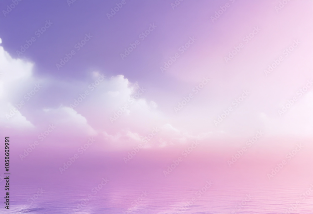 A soft, pink and purple sky with fluffy clouds reflected in a calm body of water. A soft, pink and purple sky with fluffy clouds reflected in a calm body of water.
