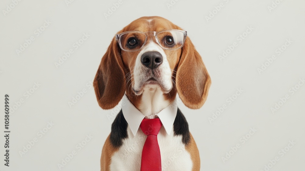Beagle in a red tie and clear eyeglasses Beagle in a red tie and clear eyeglasses
