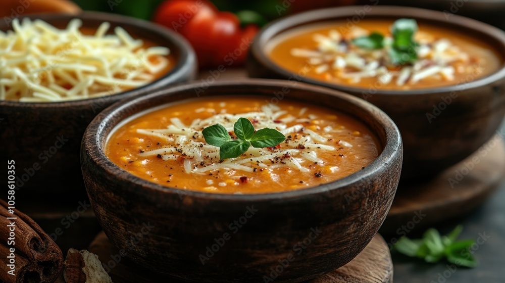 Three bowls of soup topped with cheese and herbs, garnished. Three bowls of soup topped with cheese and herbs, garnished.