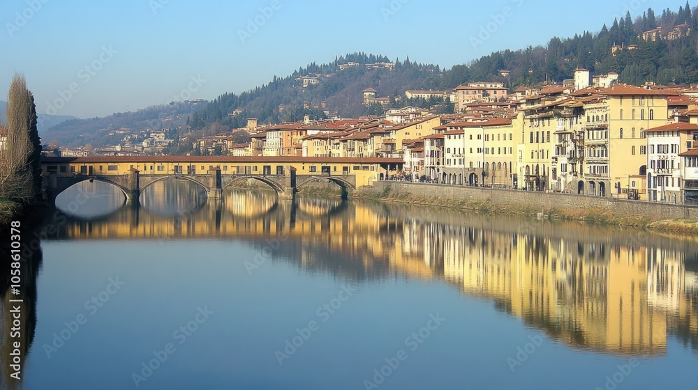 Fototapeta premium Scenic view of a historic bridge and riverside buildings.