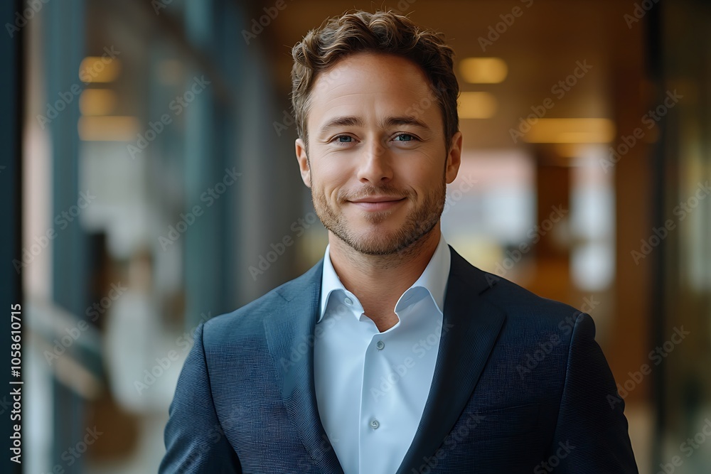 Confident Businessman in Blue Suit Smiling Indoors Confident Businessman in Blue Suit Smiling Indoors