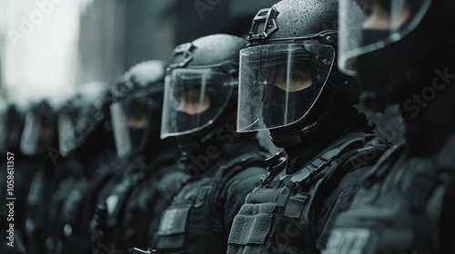 Police in riot gear during a controlled protest standing in formation