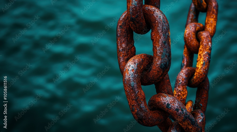 Rusty Chain Against Teal Water Background Rusty Chain Against Teal Water Background