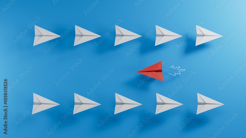 Different business concept.Red paper plane changing direction from white paper plane. new ideas. paper art style. creative idea.3D rendering on blue background. Different business concept.Red paper plane changing direction from white paper plane. new ideas. paper art style. creative idea.3D rendering on blue background.