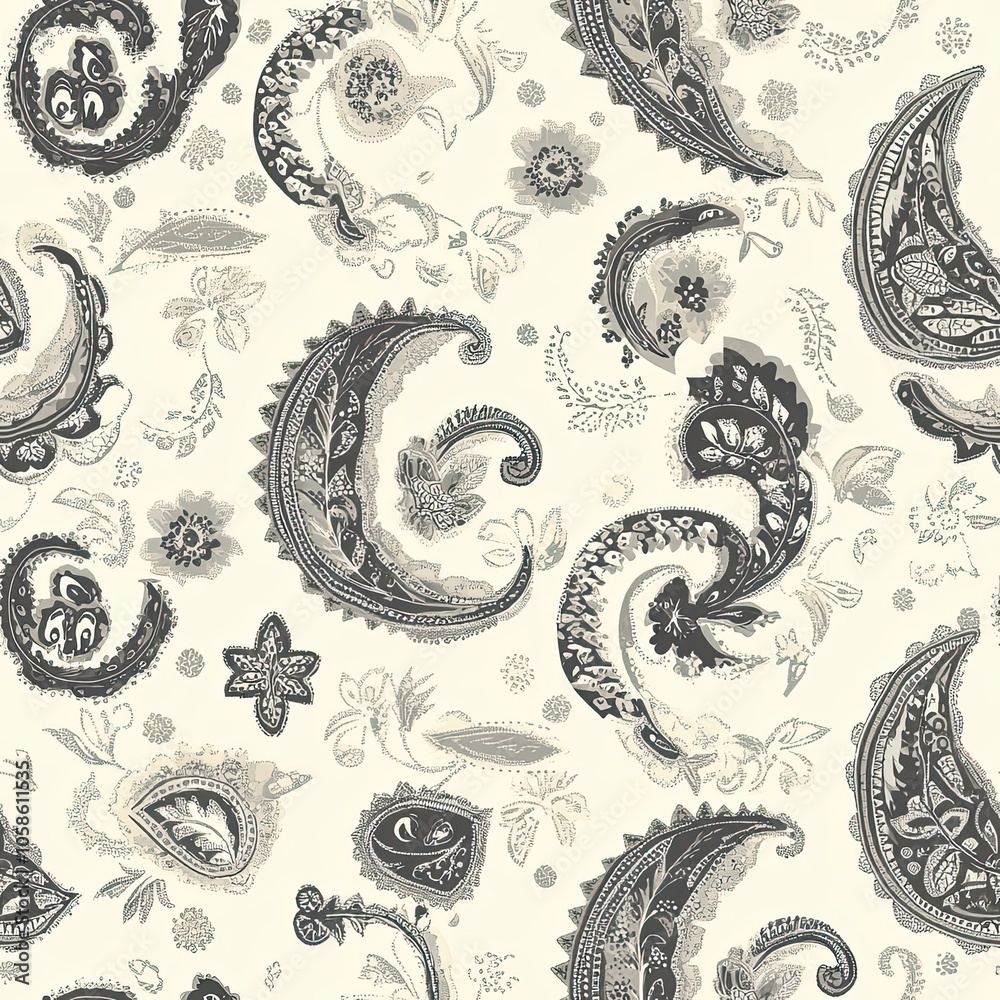 Intricate Black and White Paisley Pattern on Cream Background Intricate Black and White Paisley Pattern on Cream Background