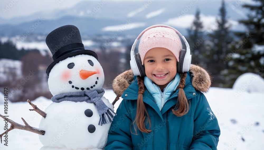 A smiling little girl wearing headphone and a winter coat poses with a snowman, snowy landscape in the background A smiling little girl wearing headphone and a winter coat poses with a snowman, snowy landscape in the background
