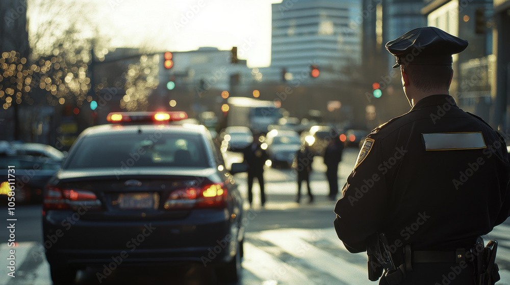Police officer directing traffic at a busy intersection Police officer directing traffic at a busy intersection