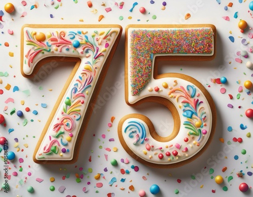 Decorated cookie, number 75, image for birthday or anniversary celebration photo