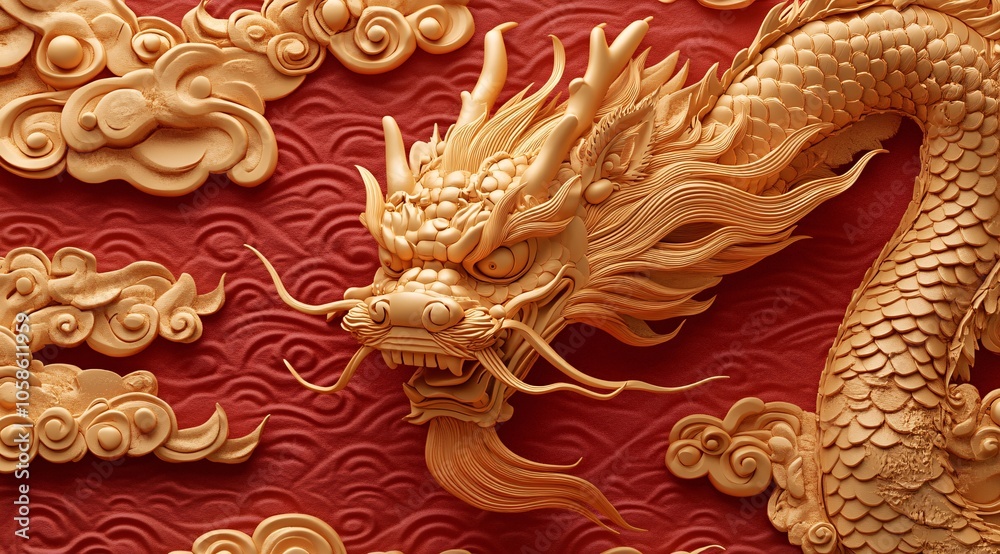 Intricate golden dragon relief on a vibrant red background showcasing traditional craftsmanship and artistic heritage