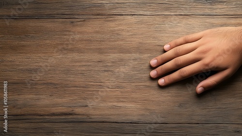 A close-up shot of a hand resting on a wooden table, revealing intricate details like lines, textures, and shadows, symbolizing familiarity and comfort. Ultra-Realistic, Photo Realistic, highly  photo