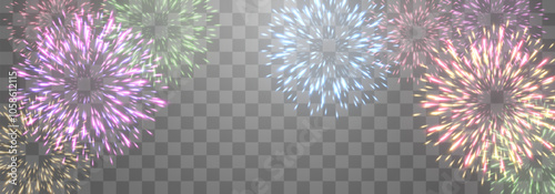 Vector festive fireworks with brightly shining sparks. New Year's Eve fireworks. Realistic sparks and explosions. Colorful pyrotechnics show. Vector isolated on png background