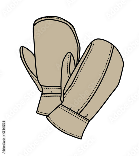 Ladies leather mittens technical flat drawing vector mockup template.