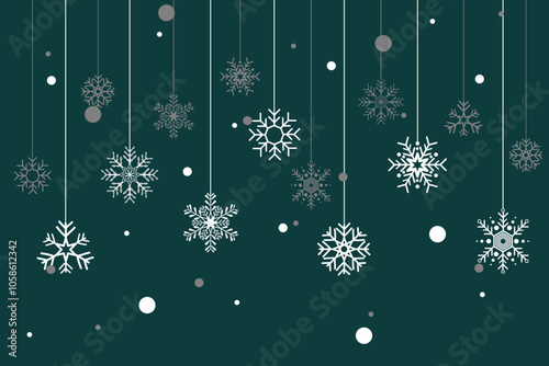 A blue background with white snowflakes hanging from the ceiling