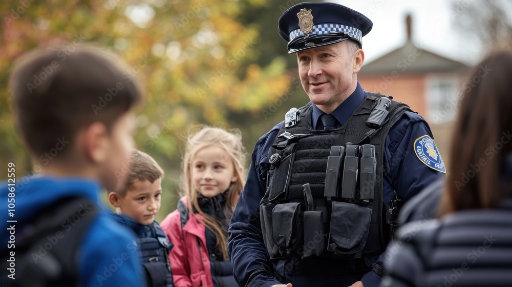 Fototapeta premium Police giving a safety talk to a group of school children