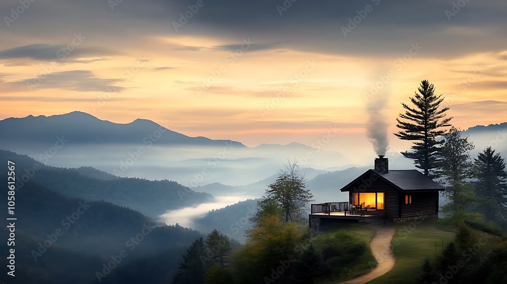 Fototapeta premium A picturesque mountain landscape at dusk, with a cozy cabin nestled among the trees. Smoke gently rises from the chimney, and a person is seen relaxing on the porch, soaking in the beauty of 