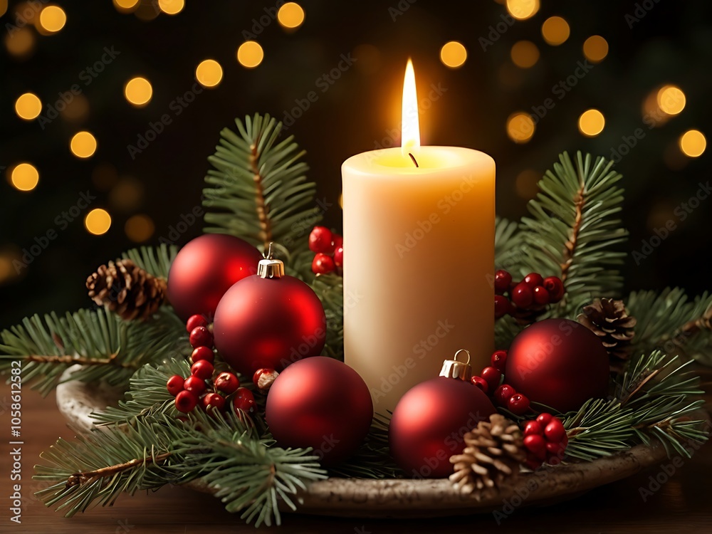 Candle light adorned with red Christmas balls and fir on bokeh light background, Christmas Day concept Candle light adorned with red Christmas balls and fir on bokeh light background, Christmas Day concept