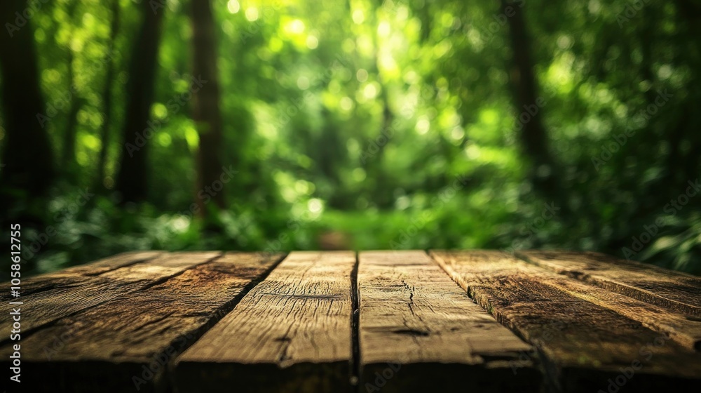 A wooden surface in a lush, green forest setting, creating a serene atmosphere. A wooden surface in a lush, green forest setting, creating a serene atmosphere.