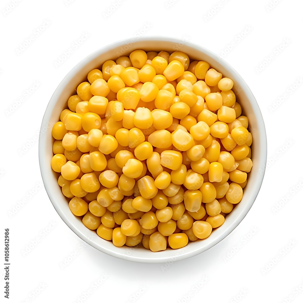 A white bowl full of corn kernels on white background A white bowl full of corn kernels on white background