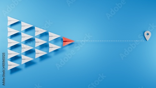 Team leader concept. Business motivation leaderplane metaphor. Paper planes flying together 3D illustration.3D rendering on blue background. photo