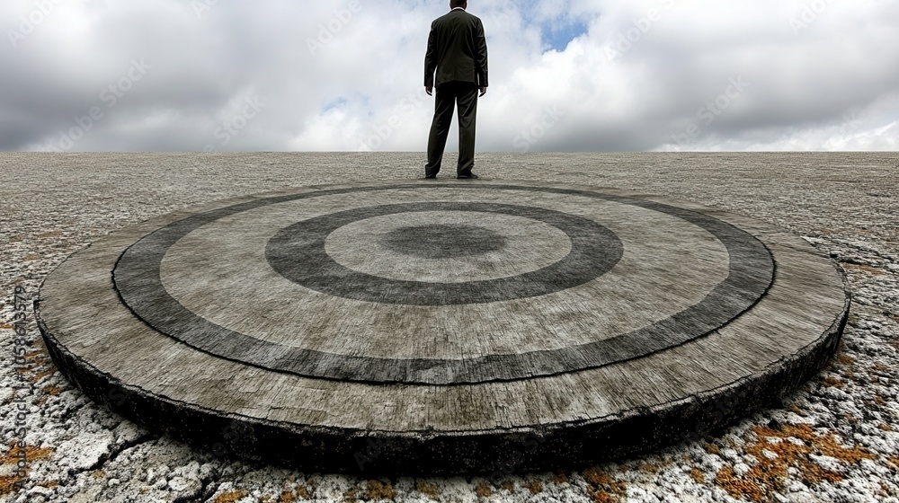 A solitary figure stands on a large target, symbolizing focus, goals, and determination against a dramatic sky. A solitary figure stands on a large target, symbolizing focus, goals, and determination against a dramatic sky.