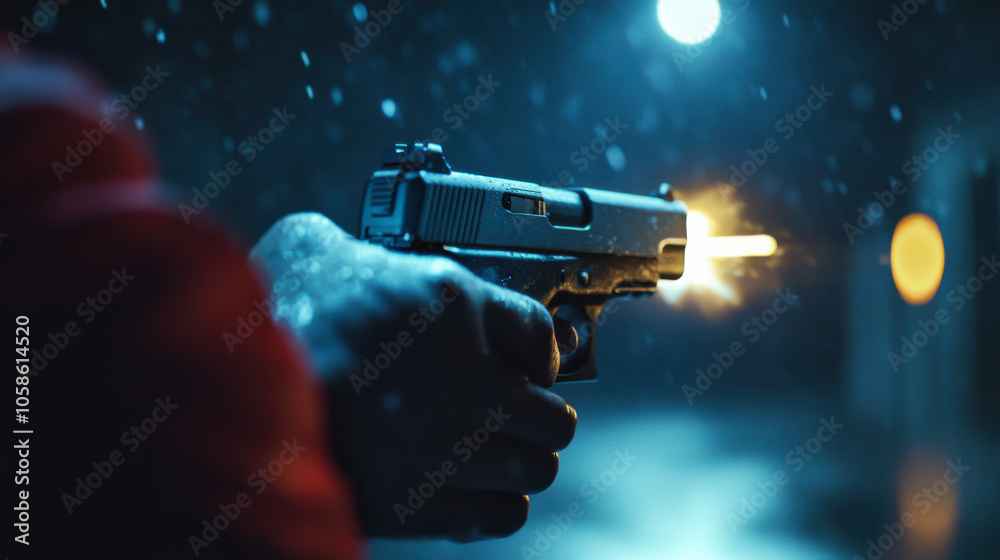A figure in a red hooded jacket points a pistol in a snowy urban environment during a night with dramatic lighting
