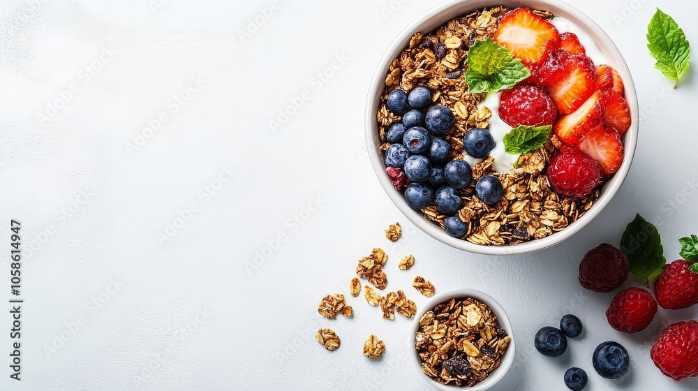 Bright white background showcasing a nutritious breakfast with a focus on granola and assorted fruits. Bright white background showcasing a nutritious breakfast with a focus on granola and assorted fruits.