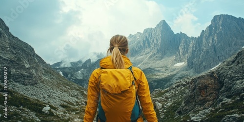 A woman dressed in a yellow jacket is trekking through the mountains, embodying the spirit of adventure and travel in the great outdoors.