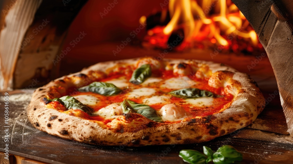 Neapolitan pizza cooked in traditional wood-fired oven on brown background.