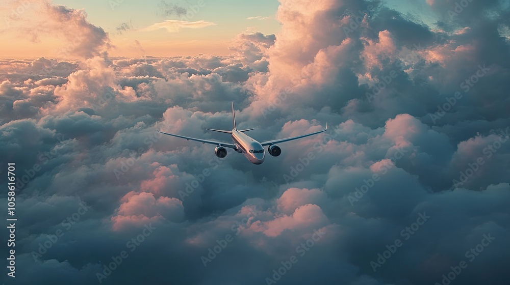 Naklejka premium Commercial airliner navigates through fluffy clouds illuminated by gentle soft lighting during the early evening. The scene captures the grace and elegance of air travel with photo style copy space.