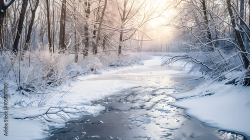 Majestic frozen river in winter landscape with snow-covered trees and misty atmosphere for peaceful charm