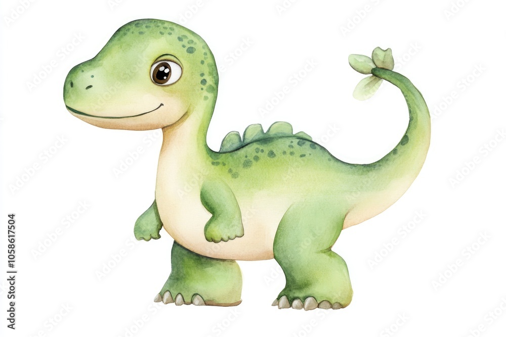 Fototapeta premium Adorable Green Dinosaur Watercolor Illustration for Children’s Decor
