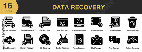 Data Recovery solid icon set. Includes web, trash, server, router, phone, memory, and More. Solid icons vector collection.