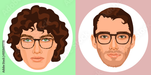 Set of men avatas with dark hair. Detailed male portraits.