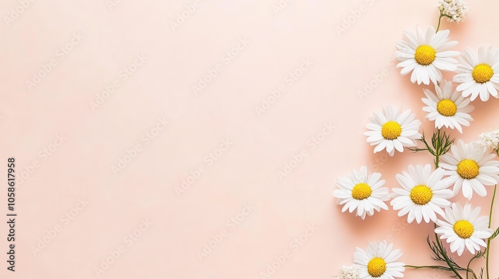 A serene arrangement of daisies on a soft pink background. A serene arrangement of daisies on a soft pink background.