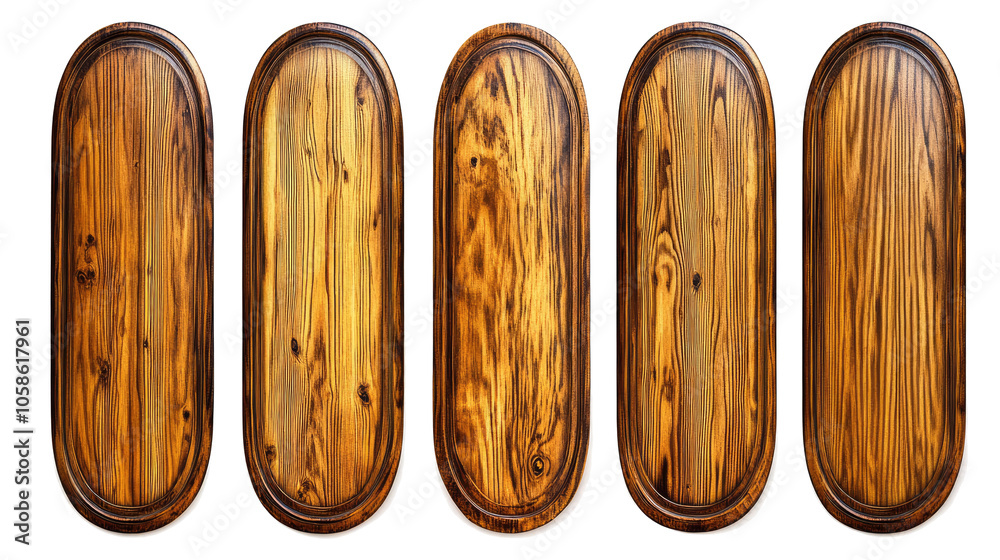 Five Decorative Wooden Signboards on Transparent Surface Generative AI Five Decorative Wooden Signboards on Transparent Surface Generative AI