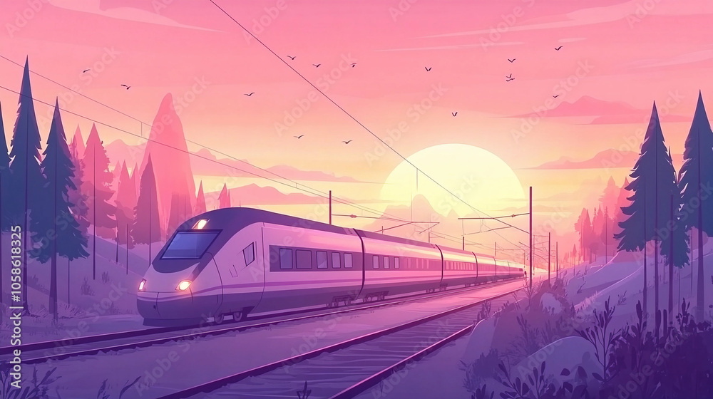 Naklejka premium A high-speed train travels through a serene landscape at sunset with vibrant colors