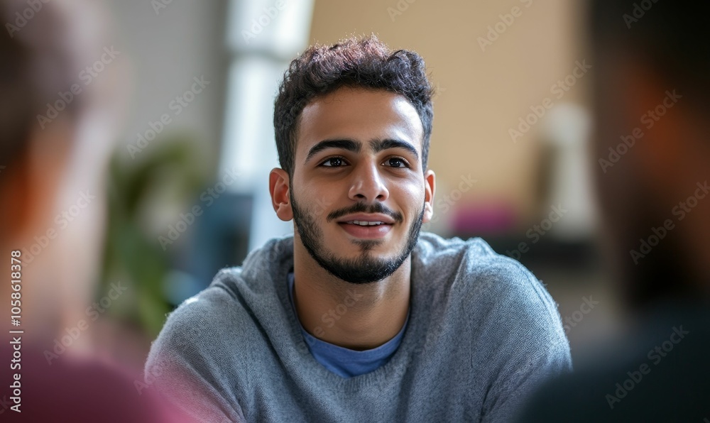 Smiling man in gray sweater, looking right. Smiling man in gray sweater, looking right.