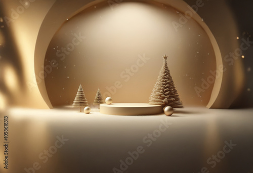 A minimalistic Christmas scene featuring a podium and three fir trees, set against a backdrop of muted gold tones and soft lighting. photo