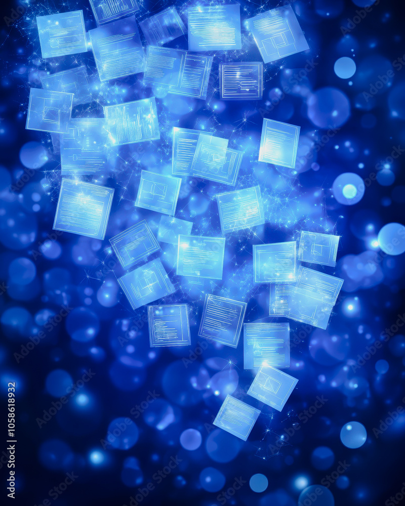Discover a captivating visual of floating data documents in a futuristic blue environment, showcasing the essence of modern technology and abstract design. Discover a captivating visual of floating data documents in a futuristic blue environment, showcasing the essence of modern technology and abstract design.