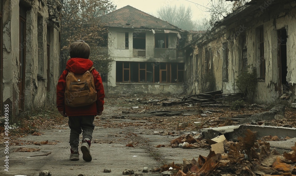 A young boy walks through rubble, carrying a backpack. A young boy walks through rubble, carrying a backpack.