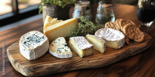 A selection of cheeses displayed on a wooden charcuterie board includes Brie, Camembert, and Blue Cheese, showcasing a delightful variety of flavors and textures. photo