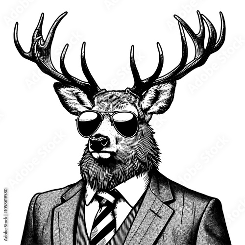 deer wearing a suit and sunglasses, combining wildlife imagery with a hipster, modern fashion twist sketch engraving generative ai PNG illustration. Scratch board imitation. Black and white image. photo