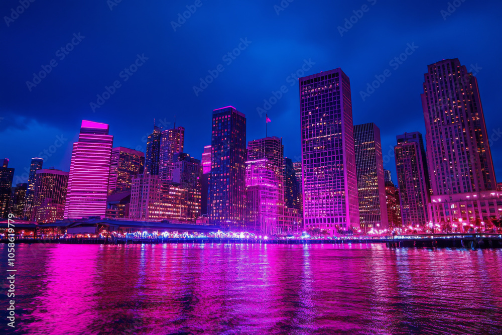 Fototapeta premium Modern skyscrapers glowing with vibrant pink neon lights against dark night sky. Futuristic cityscape banner