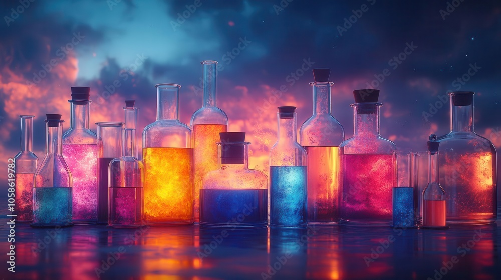 chemistry lab setup on a blue backdrop, showcasing colorful substances in glassware, biological apparatus, and a sense of scientific exploration and discovery chemistry lab setup on a blue backdrop, showcasing colorful substances in glassware, biological apparatus, and a sense of scientific exploration and discovery