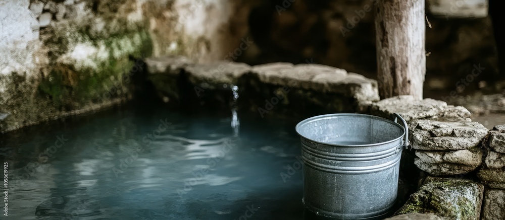 Fototapeta premium Spring Water Collected in Aluminum Bucket
