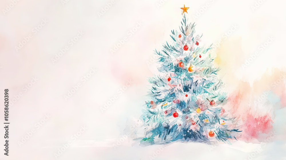 Aesthetic Christmas retro card with new year tree, watercolor hand-painted in pastel colors. Copy space. Generative AI Aesthetic Christmas retro card with new year tree, watercolor hand-painted in pastel colors. Copy space. Generative AI