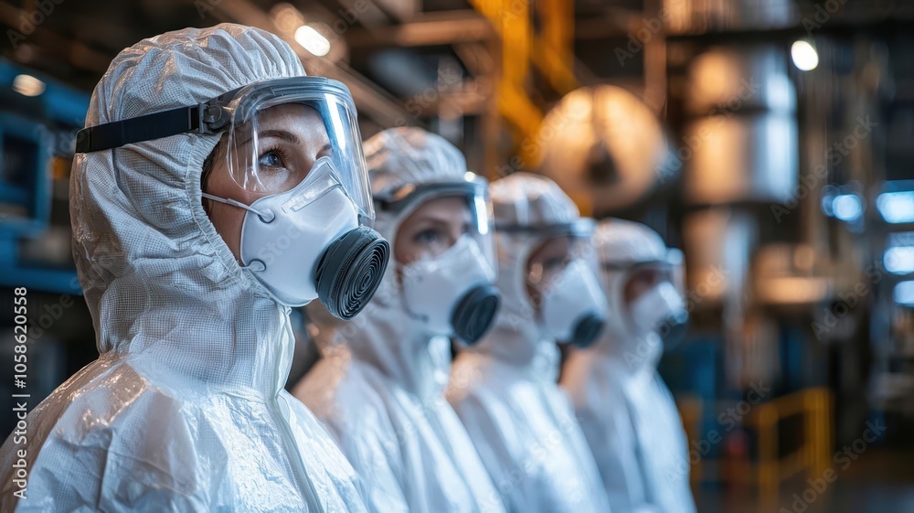 A group of individuals in protective gear stands in an industrial setting, emphasizing safety and health protocols.