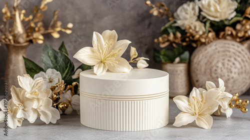 Elegant floral arrangement with a decorative container and muted background in soft lighting