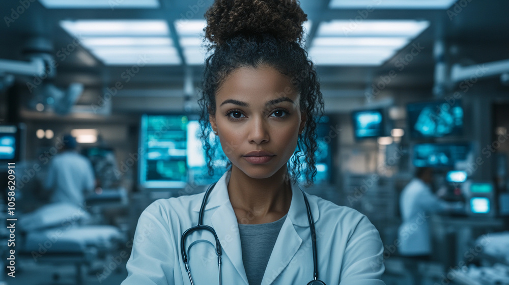 Obraz premium Compassionate healthcare professional in a modern hospital setting during a busy shift