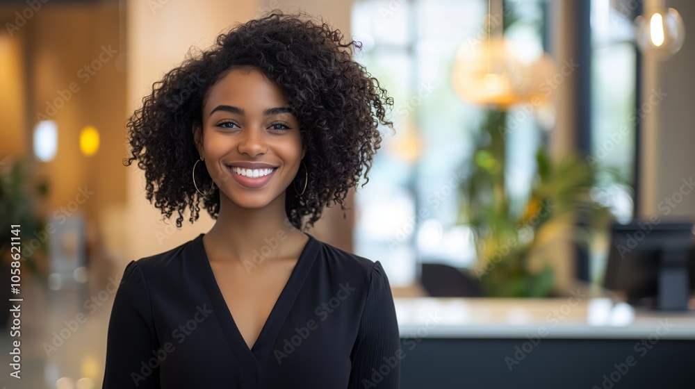 Smiling young woman with curly hair stands confidently in an office setting with natural light during the daytime Smiling young woman with curly hair stands confidently in an office setting with natural light during the daytime